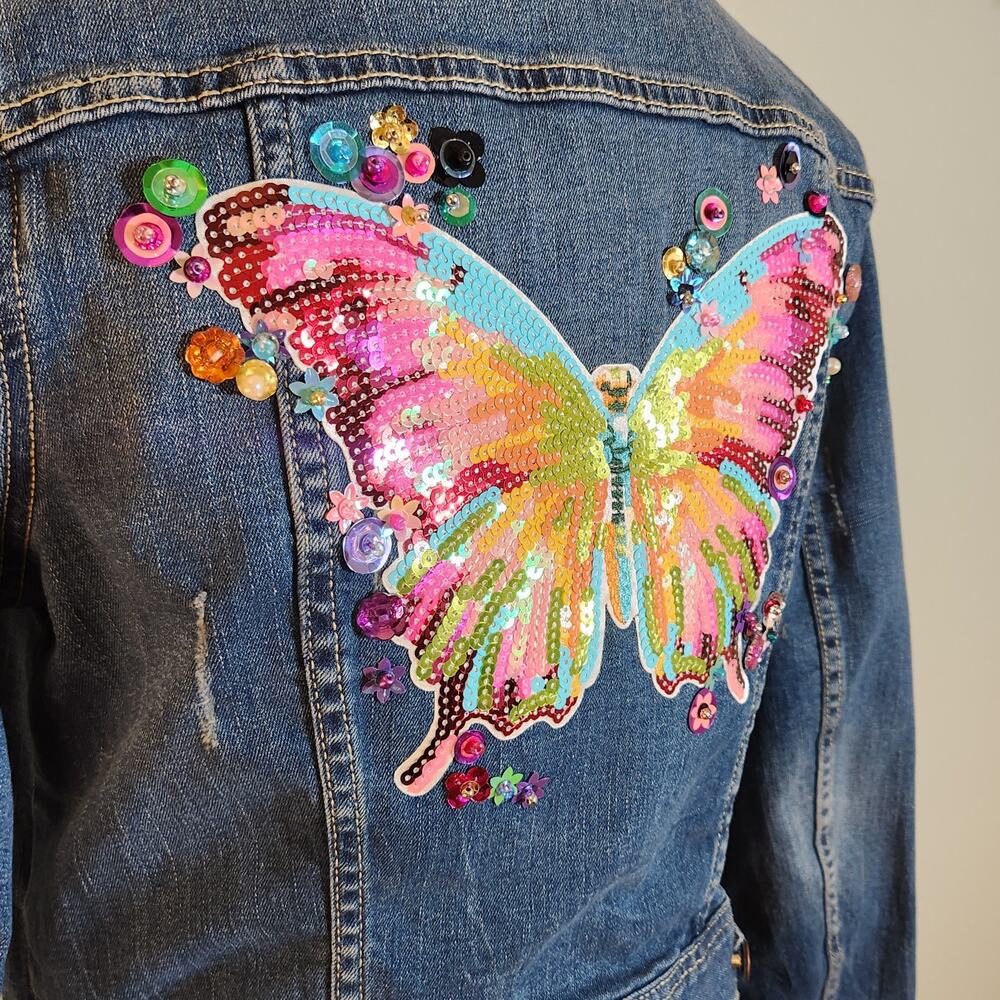 CUSTOM Butterfly in Bloom Sequin Denim Jacket, Size Small - Picture 8 of 13